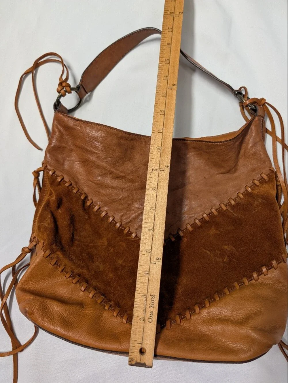 Johnny Was Brown and Tan Leather Suede Fringe Shoulder Bag